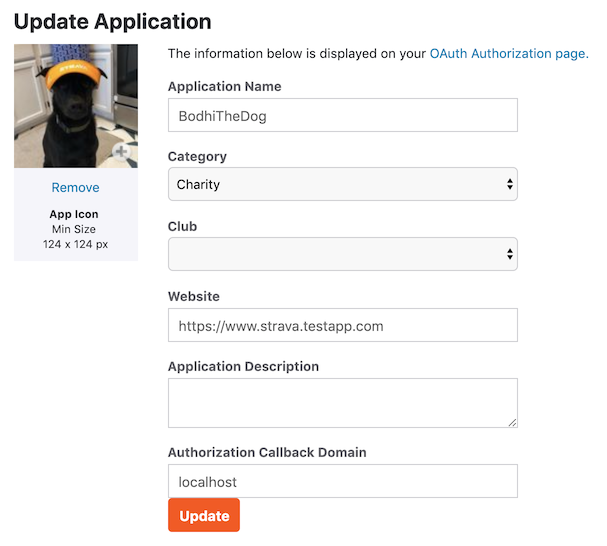 Screenshot of the Strava API create application page