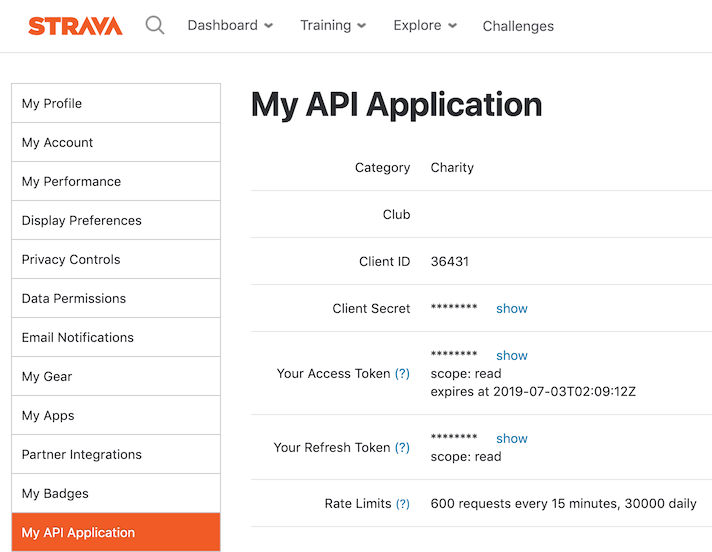 Screenshot of the Strava API create application page
